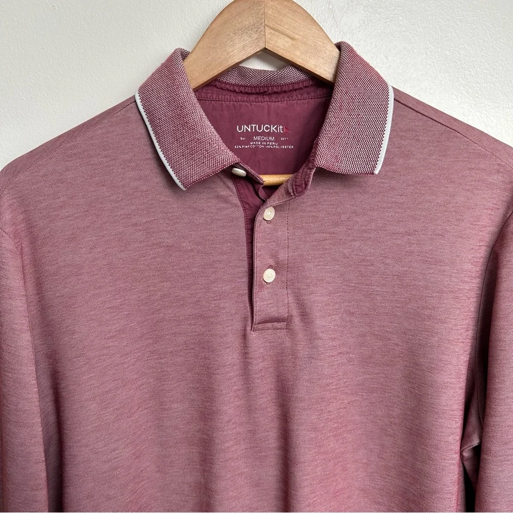 UNTUCKit Mens Beaux Long-Sleeve Tipped Polo Shirt Heathered Red/Pink Size Medium - Picture 2 of 11